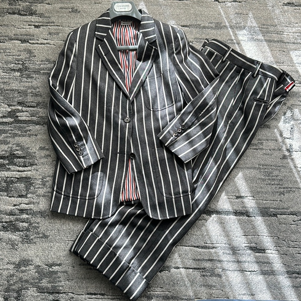 Thom Browne Grey Repp Stripe Sack Suit in IT36